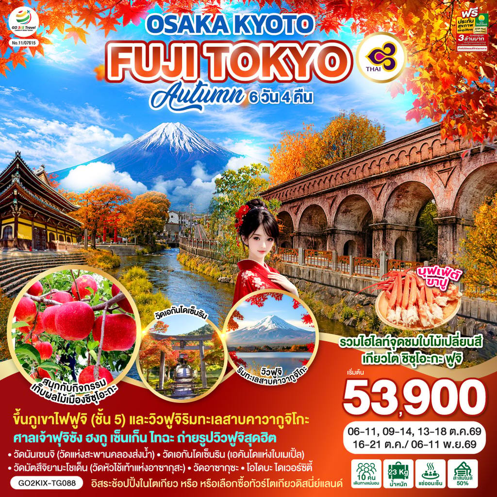 ทัวร์ญี่ปุ่น OSAKA KYOTO FUJI TOKYO AUTUMN FRUIT PARK 6D 4N โดยสายการบินไทย [TG] โดย Moly Trip