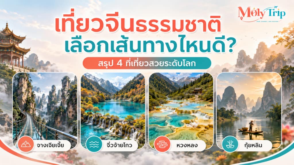 ทิวทัศน์ธรรมชาติอันงดงามในประเทศจีน แสดงภูเขาหินและทะเลสาบสีฟ้าใส
